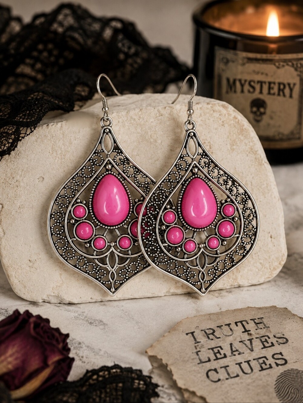 🕯 Pink Statement Earrings Silver Tone Filigree Boho Dangle Drop